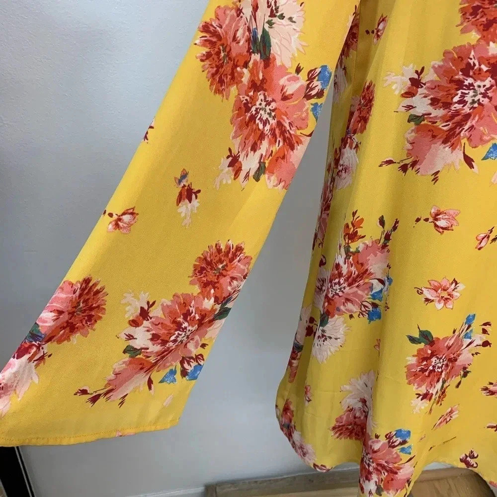 AUW Floral Short Dress Small Yellow Red‎ Sheer Lined Long Bell Sleeve  Key Hole - Picture 5 of 13